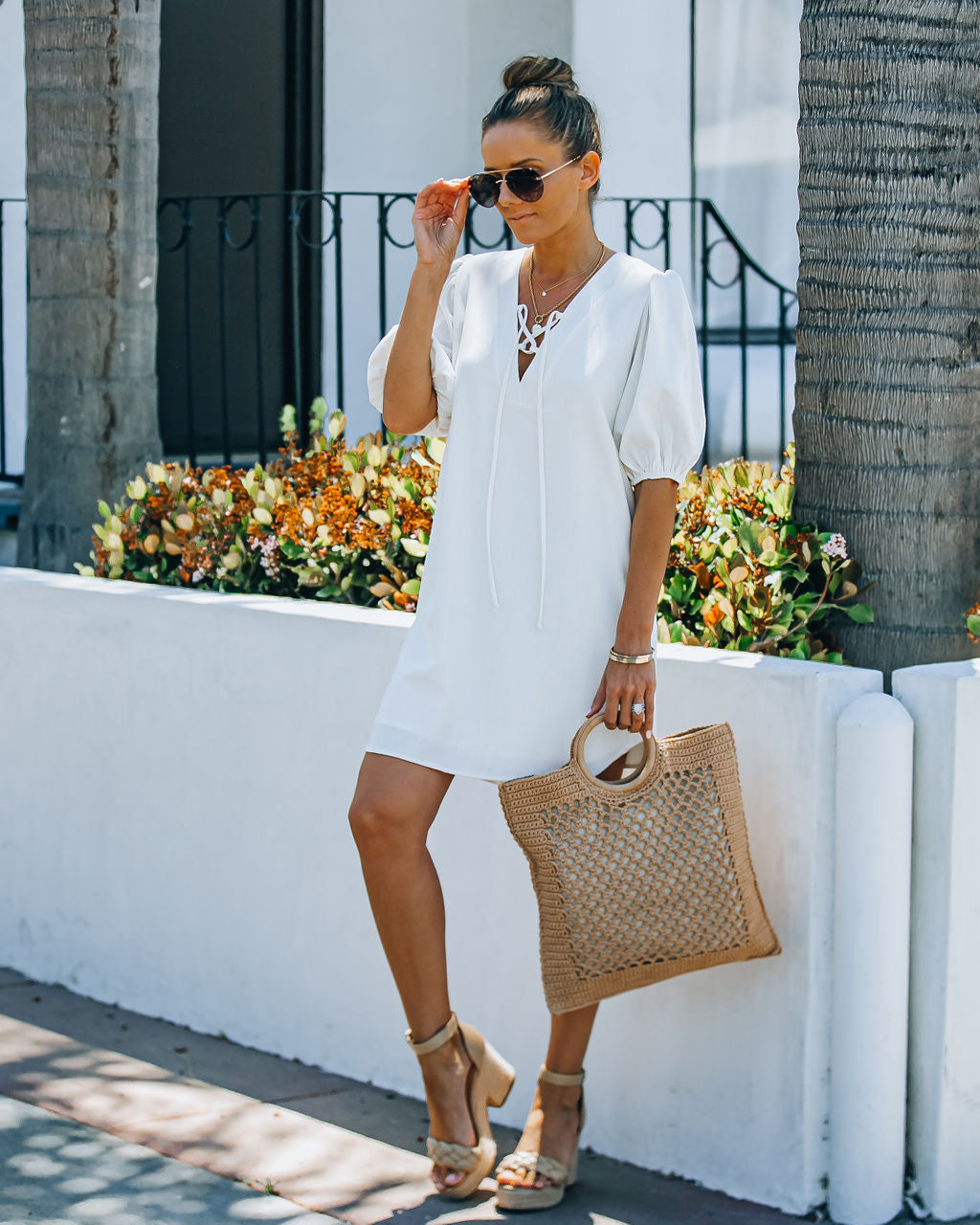 Linen Lakeshore Blend Puff Sleeve Dress Ivory