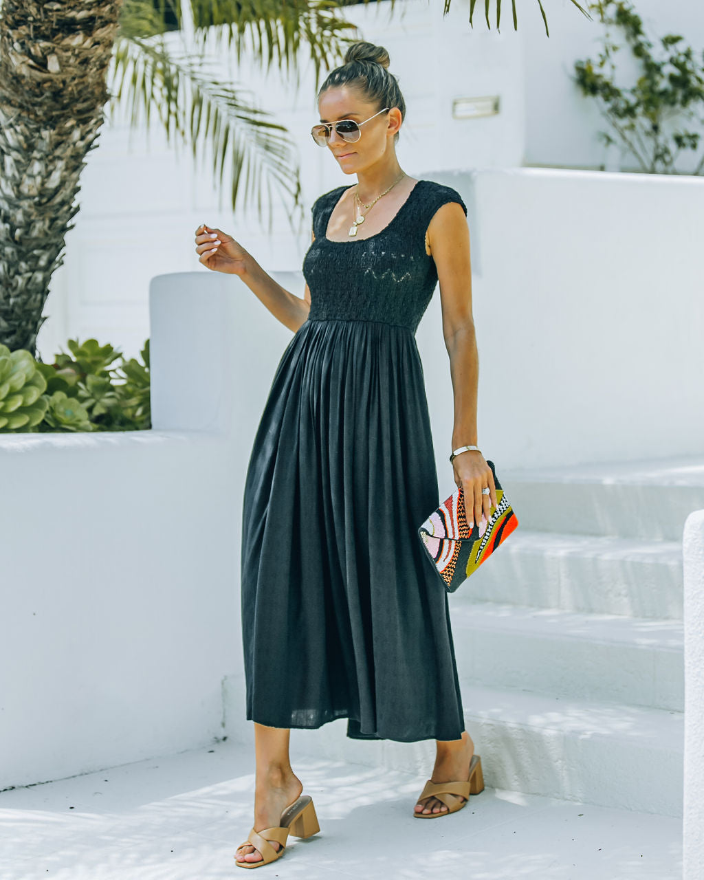Pocketed Naite Smocked Midi Dress Black