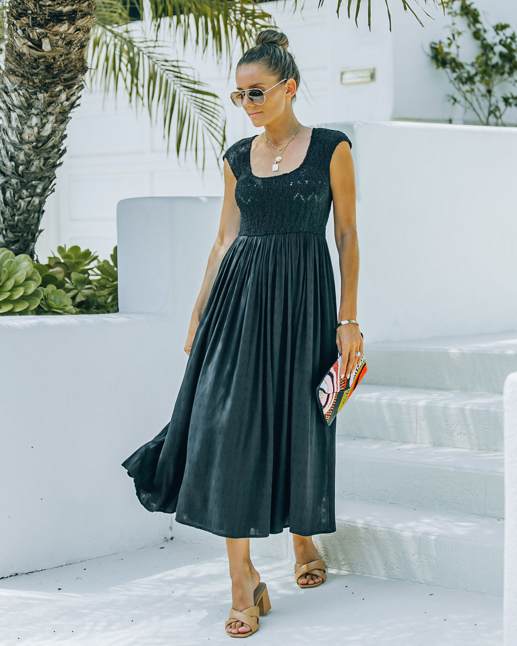 Pocketed Naite Smocked Midi Dress Black