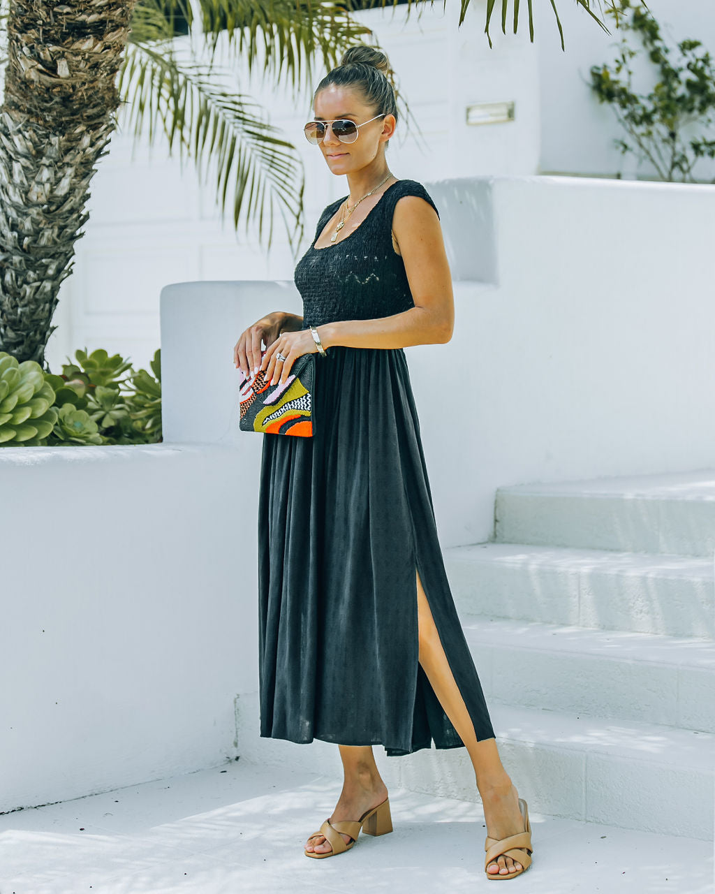 Pocketed Naite Smocked Midi Dress Black