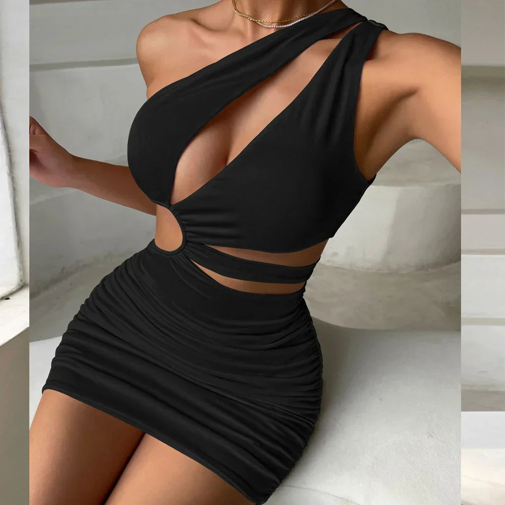 White Summer One Shoulder Mini Dress Cut Out Bodycon