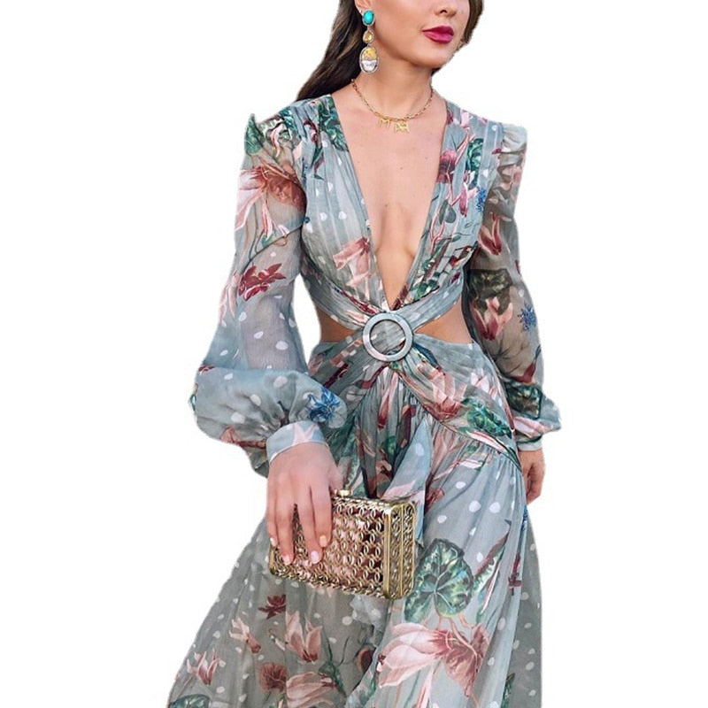 Kissnovaa - Long Sleeved Ruffles Deep V Neck Long Beach Prom Dresses