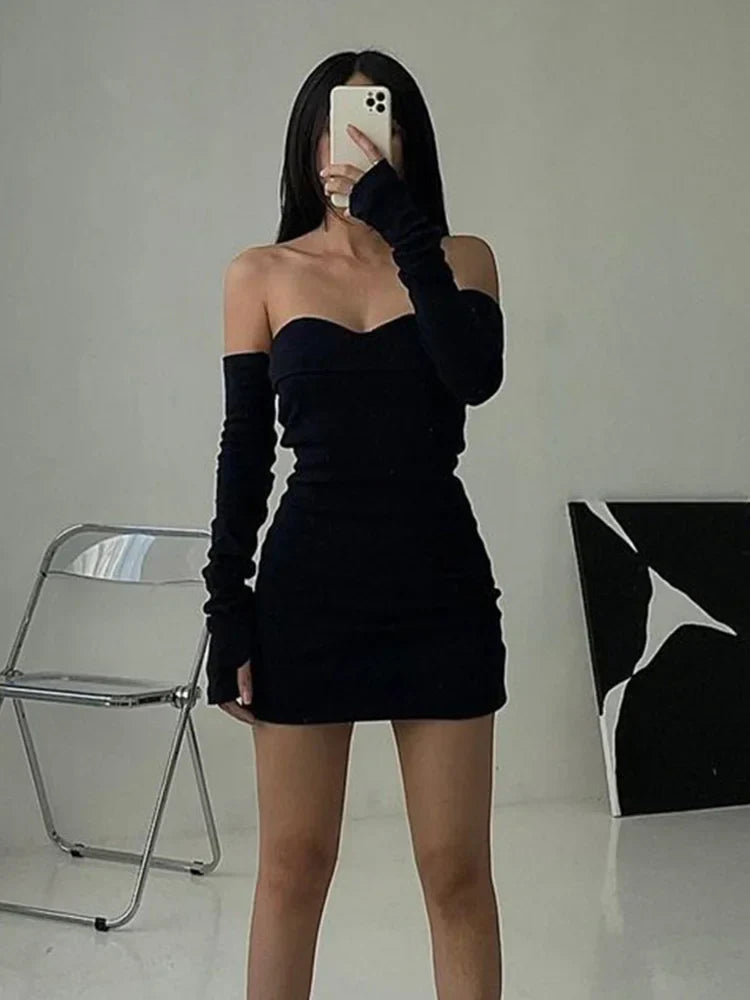 Shoulder Off Autumn Long Basic Black Slash Neck Clothes Midi Dresses