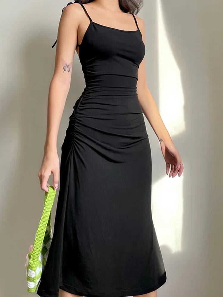 Strappy Fashion Black Irregular Backless Summer Clothes Midi Dresses