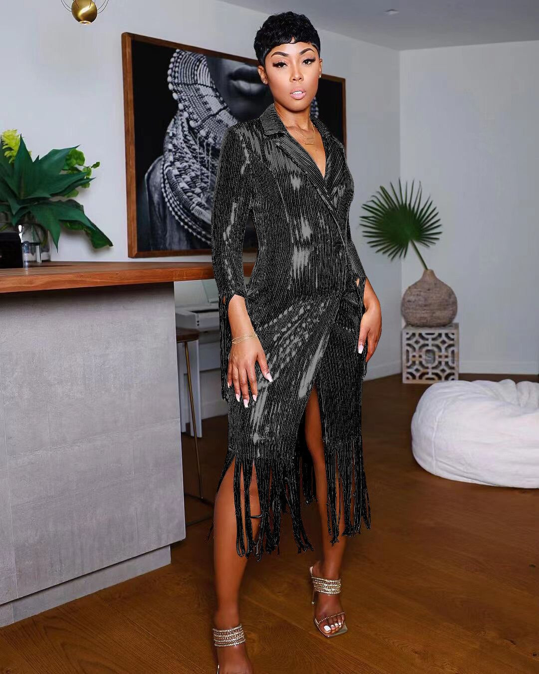Kissnovaa - Solid Notched Tassel Sequin Decoration Knee Length Dress
