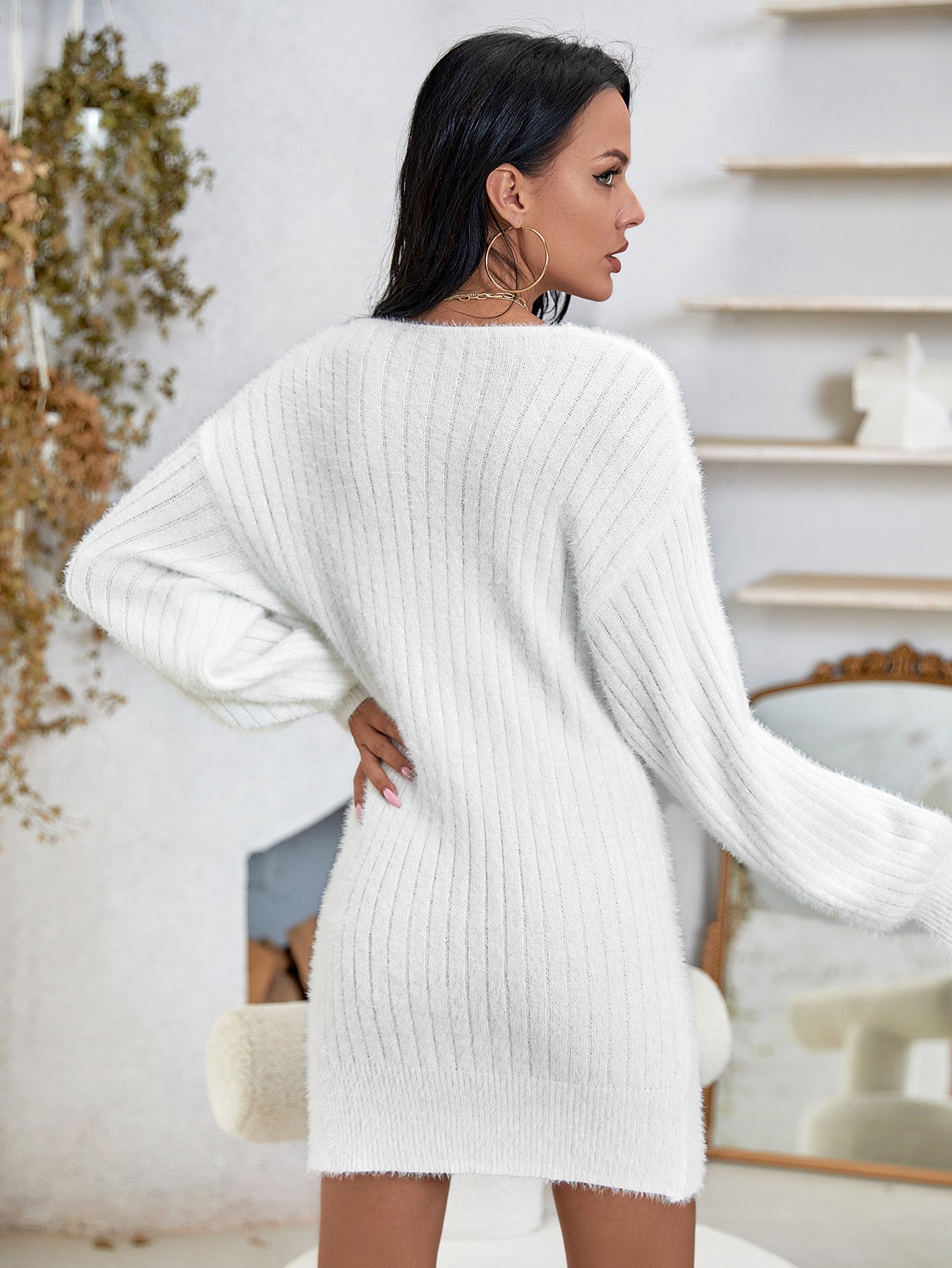 Knit Fuzzy V Neck Lantern Sleeve Sweater Dress
