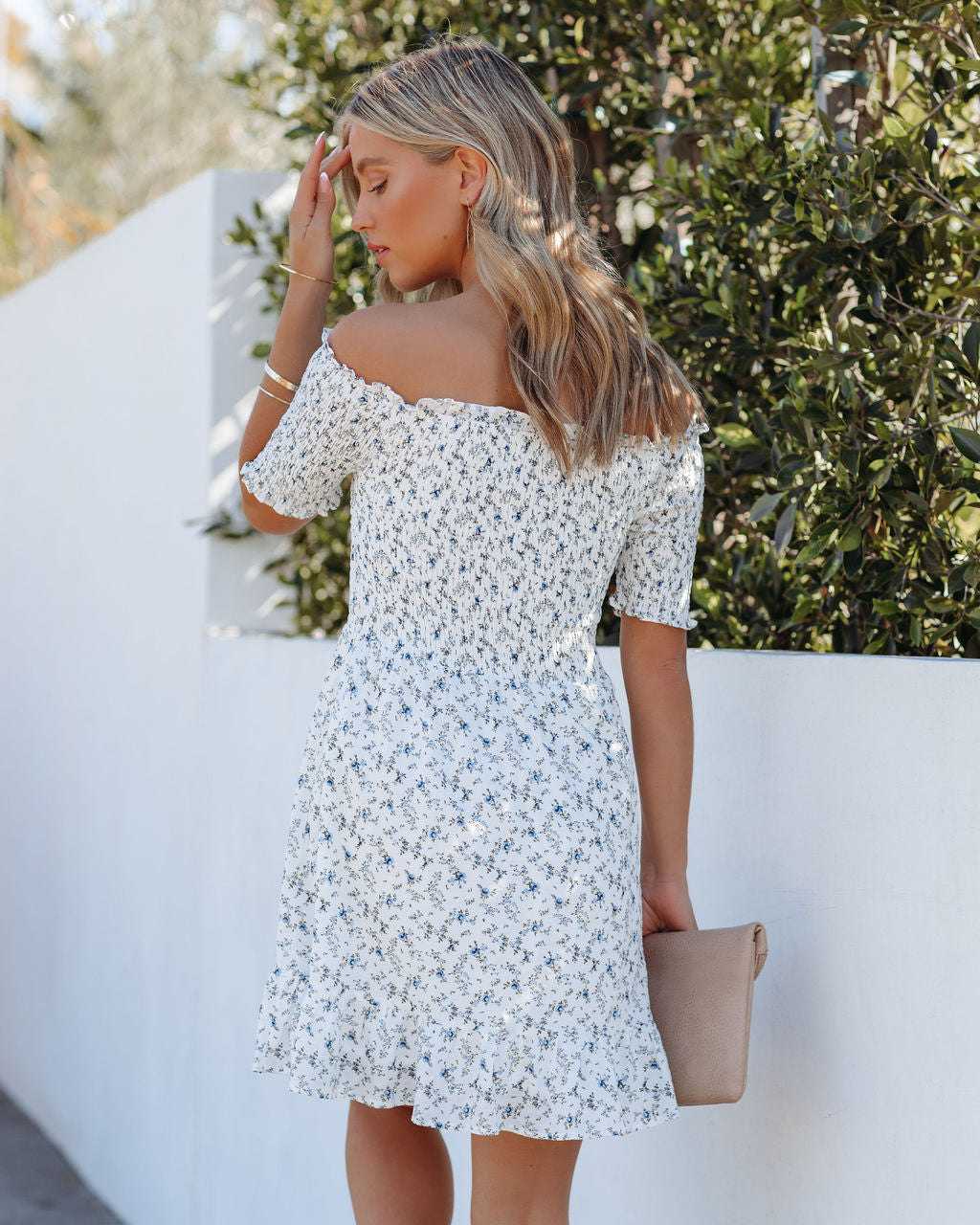 Gionna Flower Smocked Off The Shoulder Dress Ivory