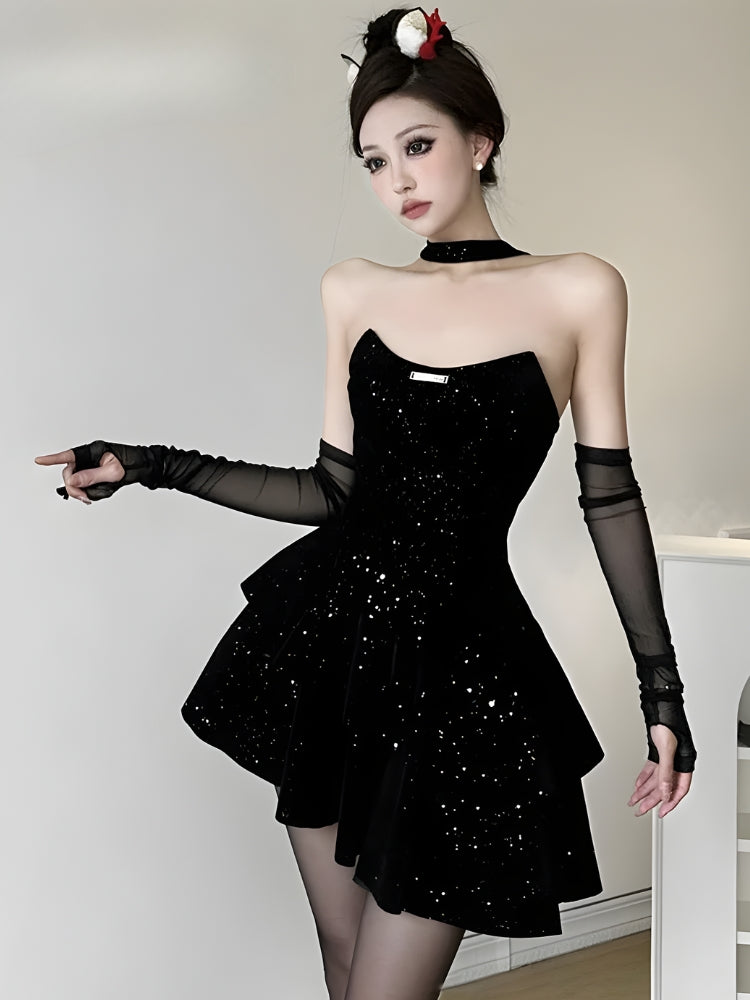 Asymmetric Glitter Mini Dress