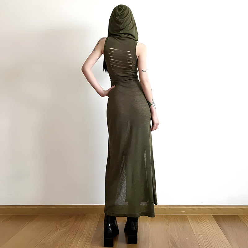 Hooded Goth Cut Out Back Midi Dress