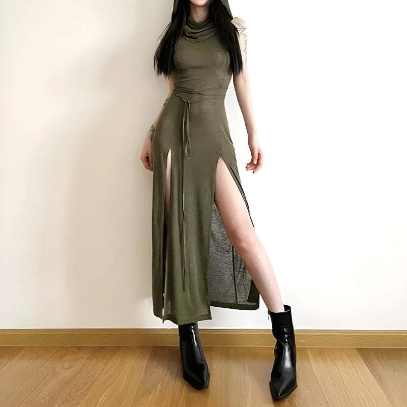 Hooded Goth Cut Out Back Midi Dress