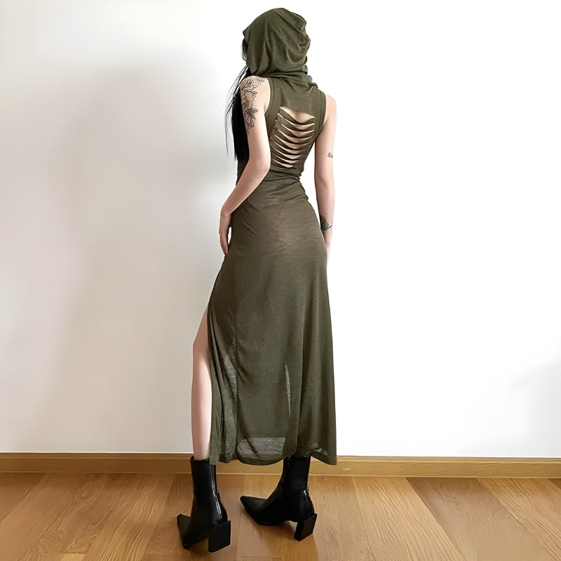 Hooded Goth Cut Out Back Midi Dress