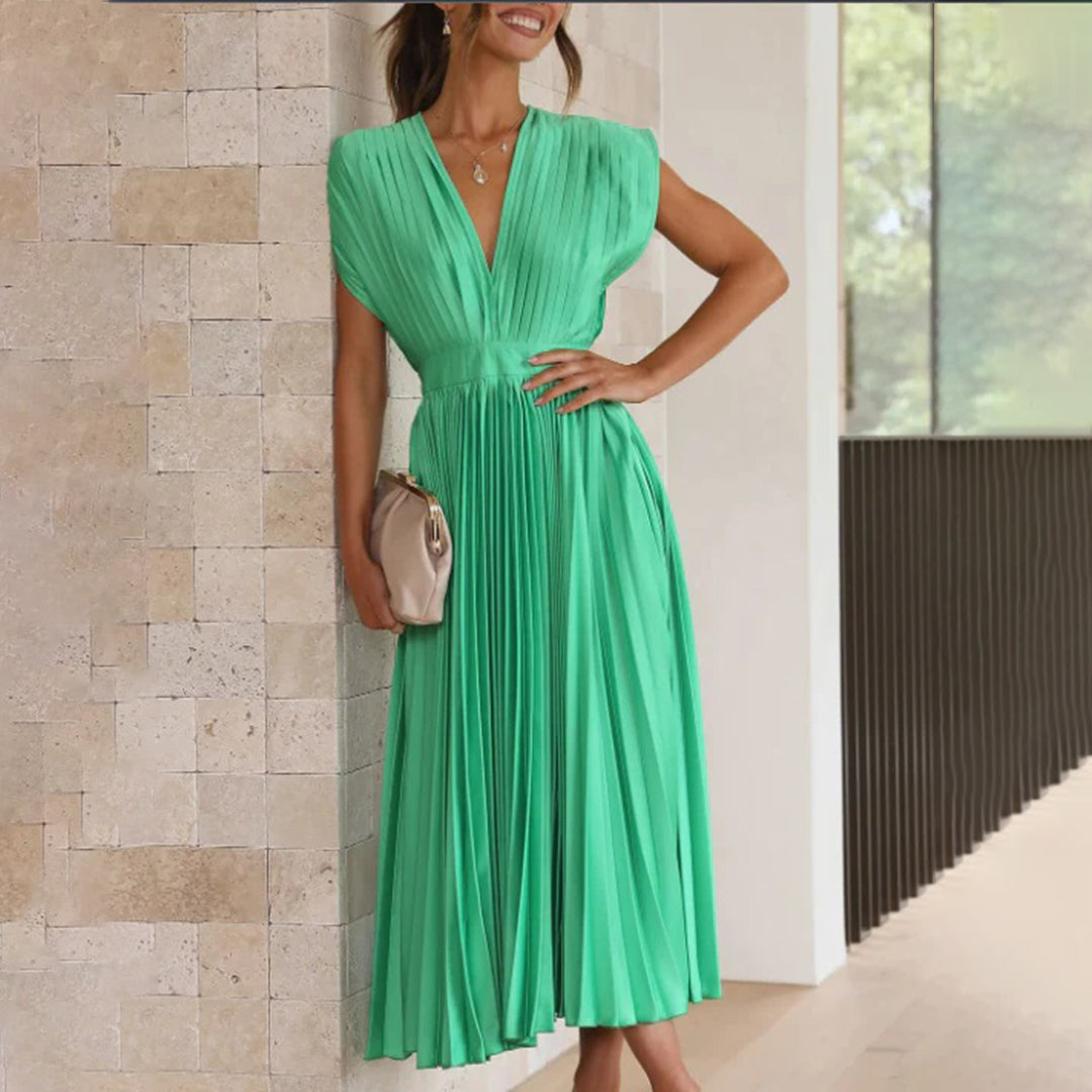 Mertxe Refined V-neck Pleated Maxi Dress for Women Sophisticated Look