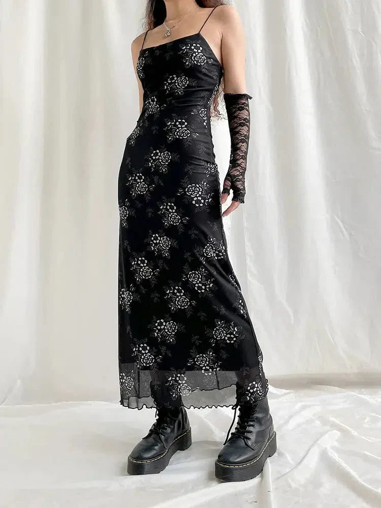 Grunge Flower Mesh Midi Dress