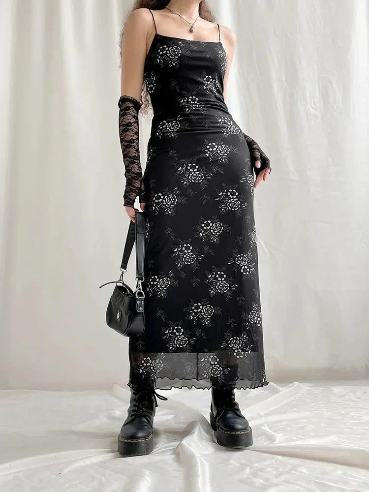 Grunge Flower Mesh Midi Dress