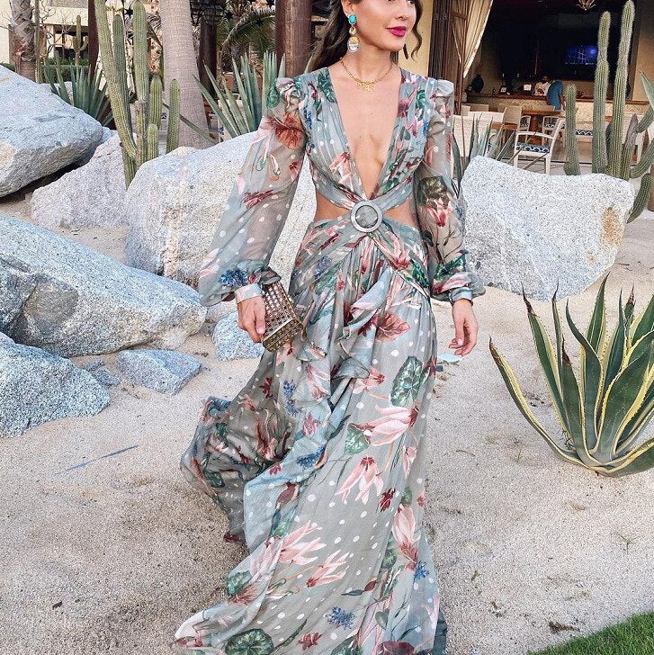 Kissnovaa - Long Sleeved Ruffles Deep V Neck Long Beach Prom Dresses
