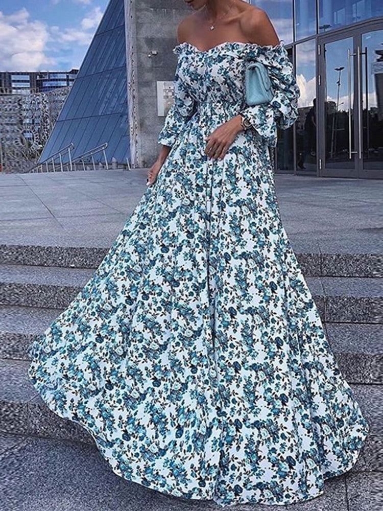 Kissnovaa - Summer Botanical Print Sexy Boat Neck Prom Dresses