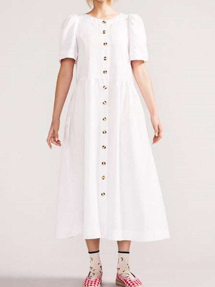 Neck V Linen Button Down Midi Dress with Pocket In White
