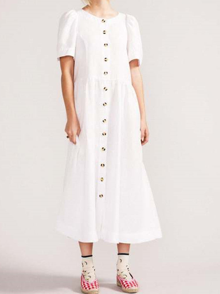 Neck V Linen Button Down Midi Dress with Pocket In White