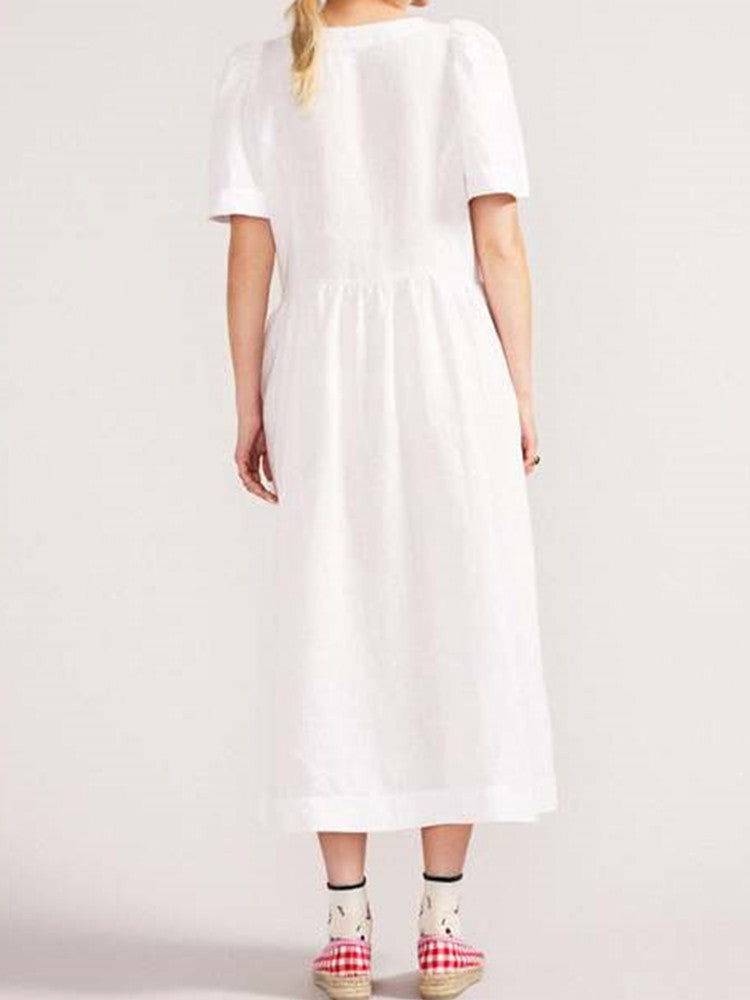 Neck V Linen Button Down Midi Dress with Pocket In White