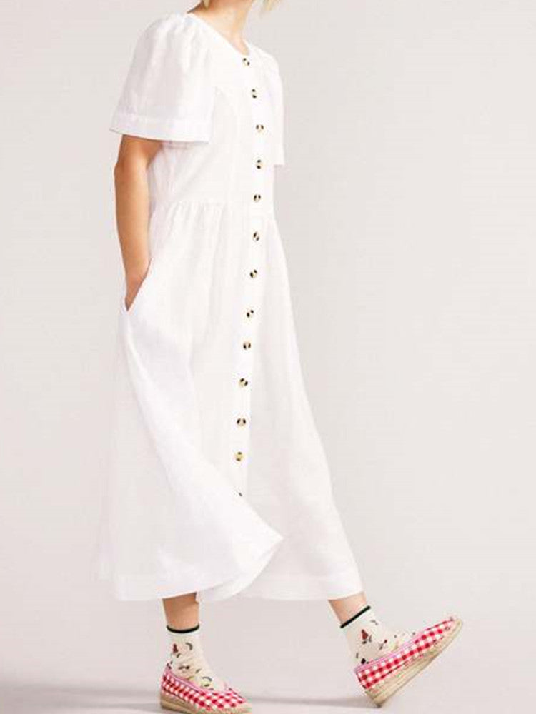 Neck V Linen Button Down Midi Dress with Pocket In White