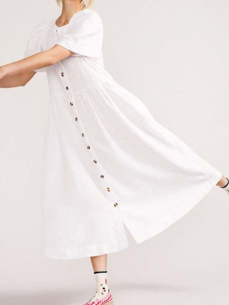 Neck V Linen Button Down Midi Dress with Pocket In White
