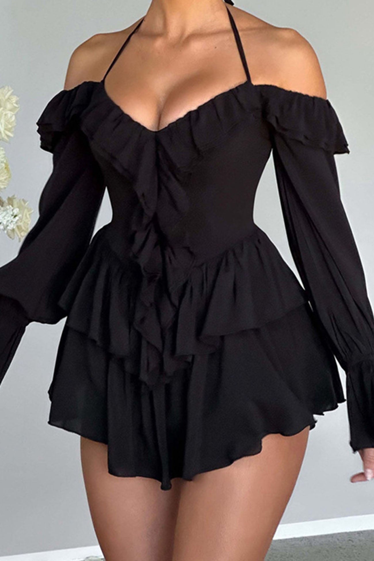 Off-The-Shoulder Halter Ruffled Mini Dress