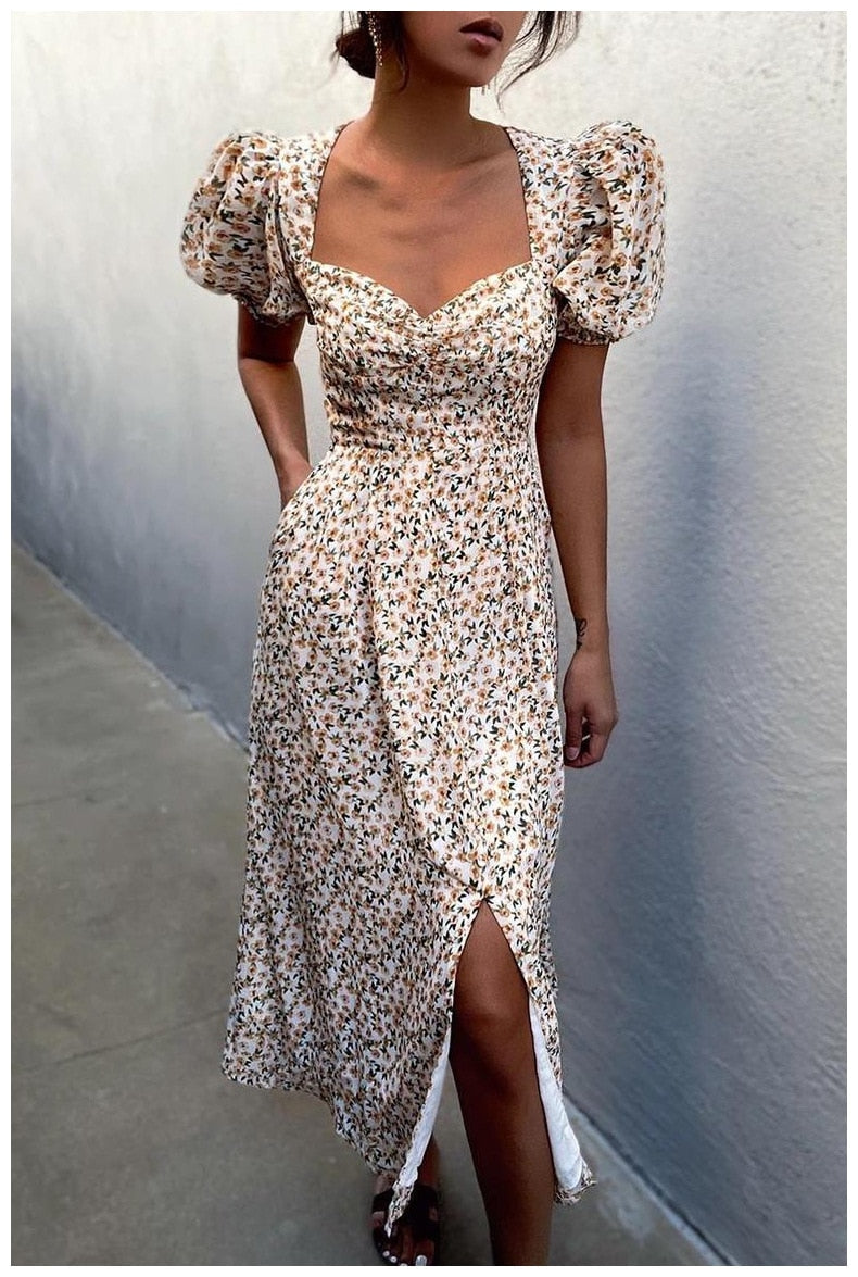 Midi Dress Vintage Floral Print Split Blue Sundress Refined Party Beach Dress