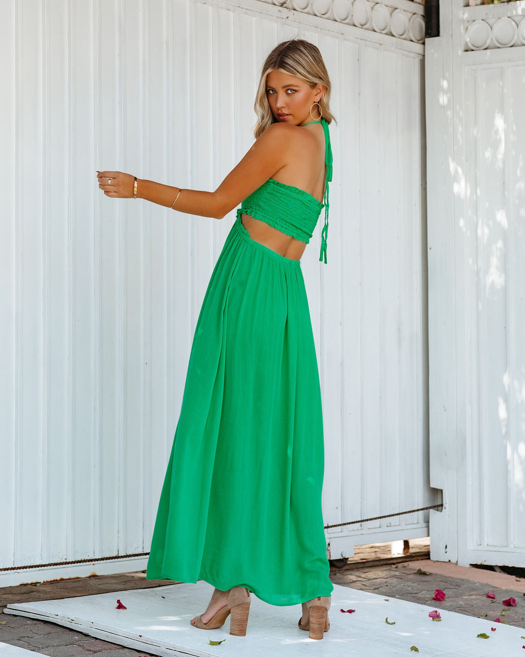 Hit The Beach Smocked Halter Maxi Dress Kelly Green