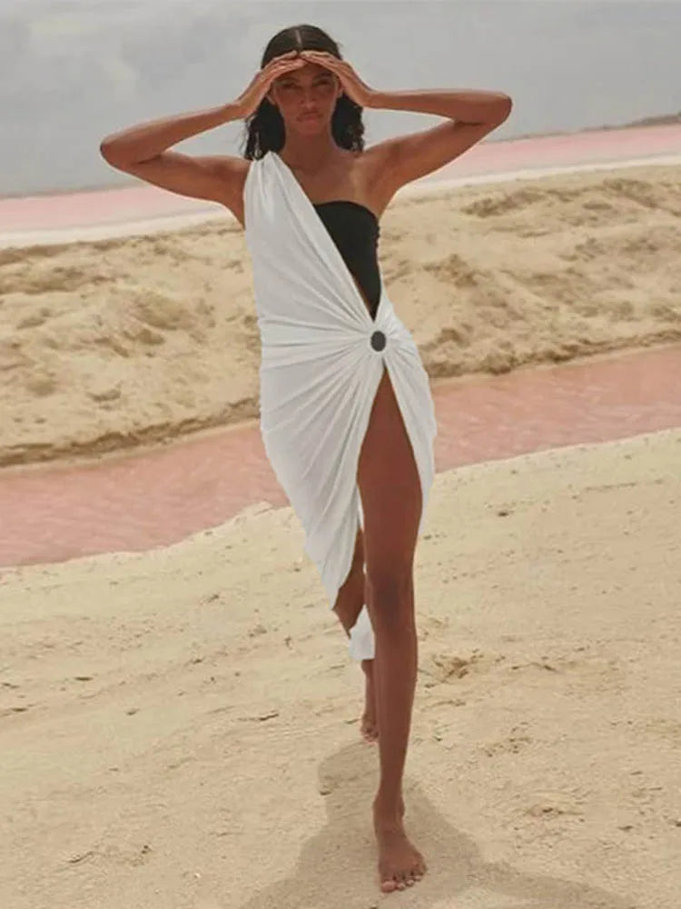 Out Hollow White One Shoulder Sleeveless Y2K Nightclub Midi Dresses