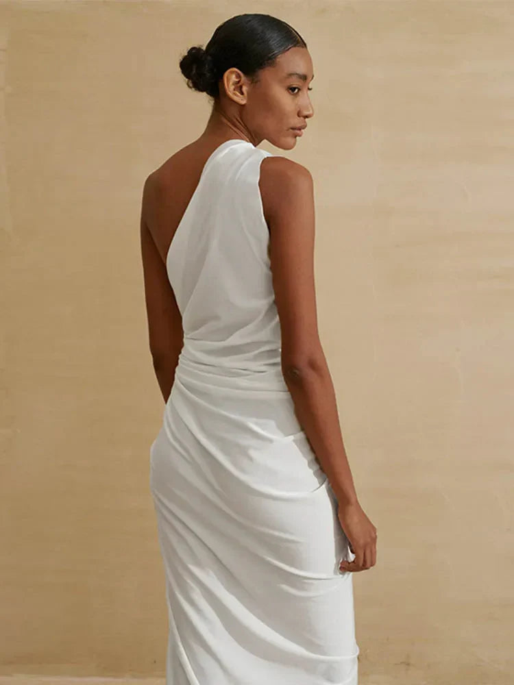 Out Hollow White One Shoulder Sleeveless Y2K Nightclub Midi Dresses