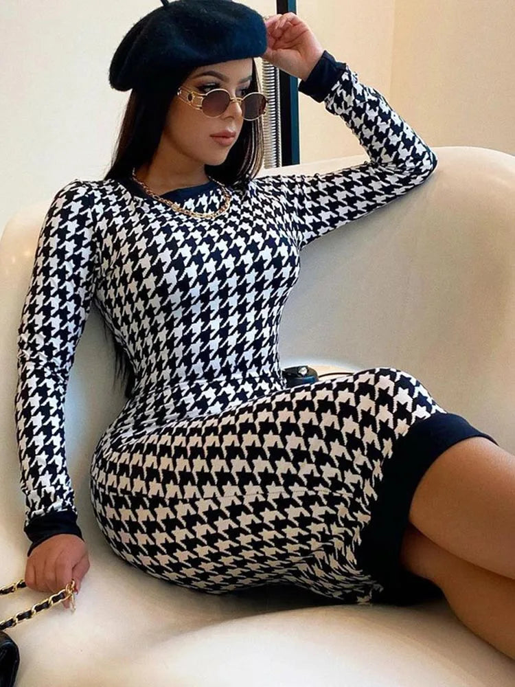 Houndstooth Long Sleeve Hollow Out Bodycon Autumn Winter Club Refined Slim Midi Dresses