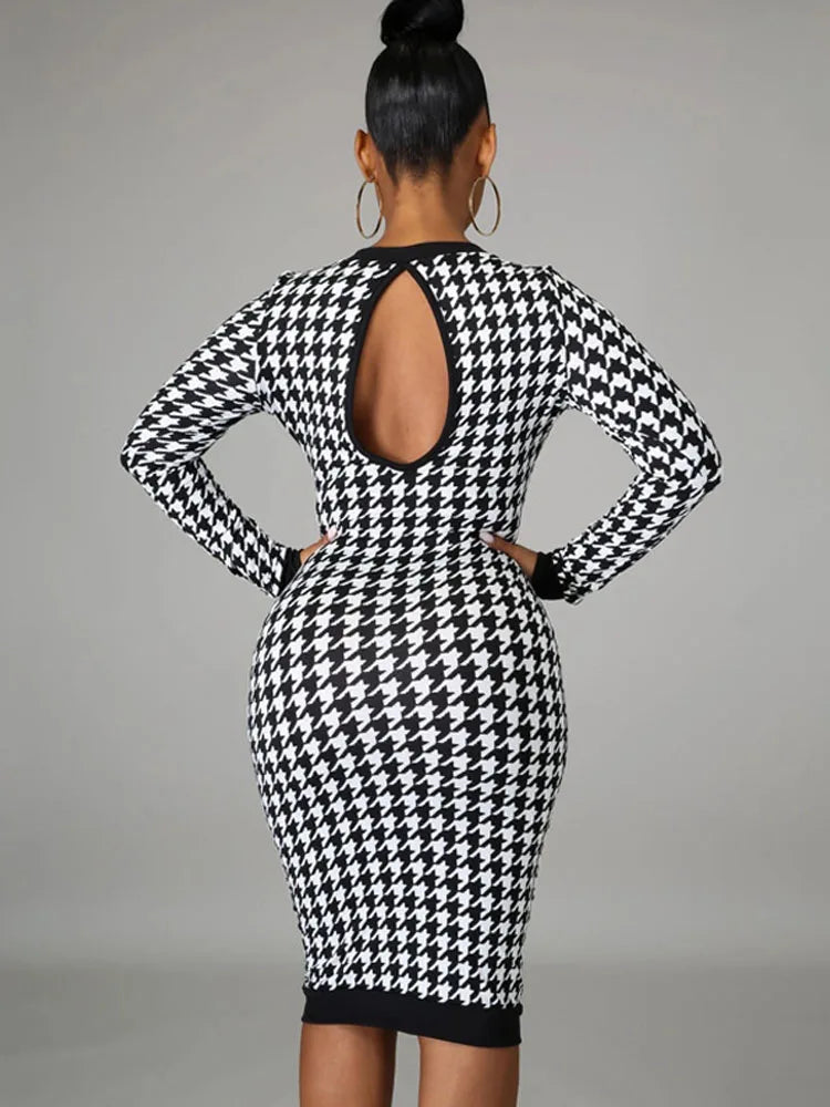 Houndstooth Long Sleeve Hollow Out Bodycon Autumn Winter Club Refined Slim Midi Dresses