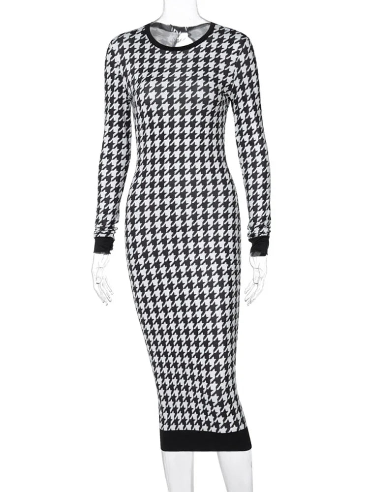 Houndstooth Long Sleeve Hollow Out Bodycon Autumn Winter Club Refined Slim Midi Dresses