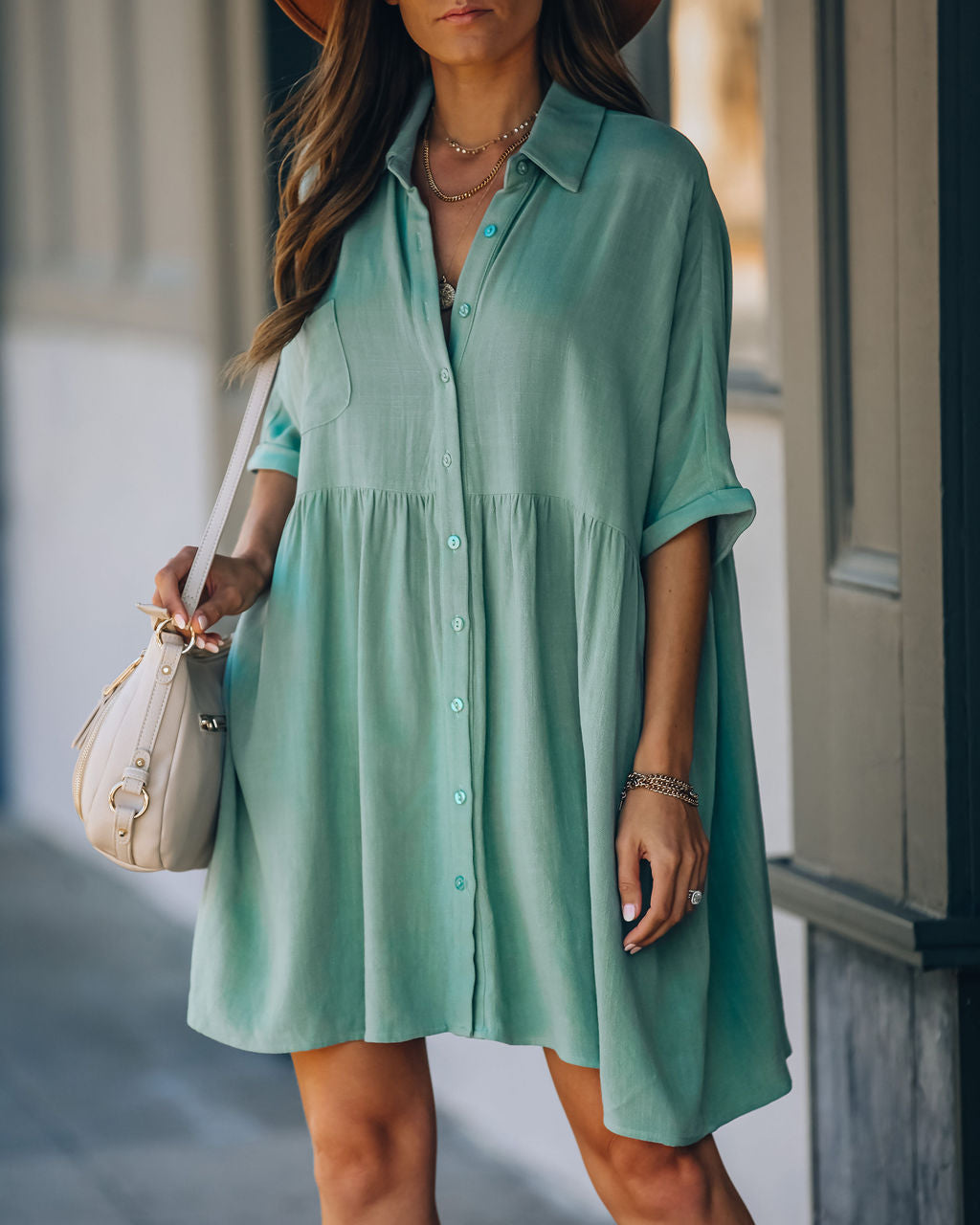 Linen Hails Blend Button Down Shirt Dress Sage