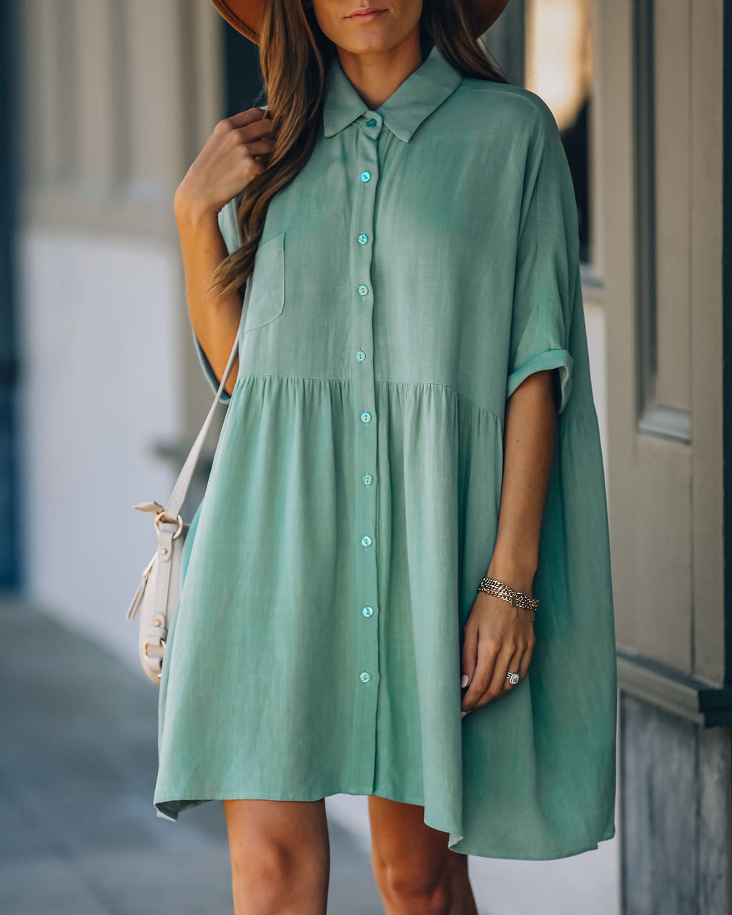 Linen Hails Blend Button Down Shirt Dress Sage