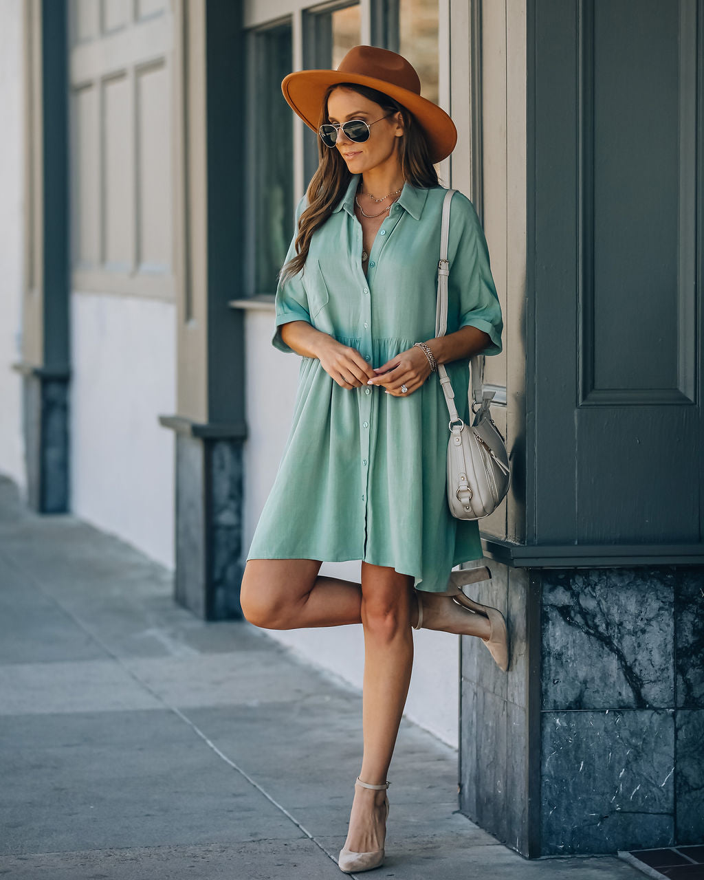 Linen Hails Blend Button Down Shirt Dress Sage