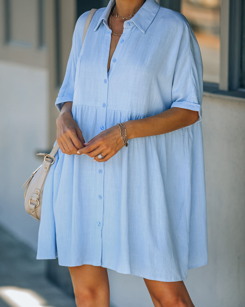 Linen Hails Blend Button Down Shirt Dress Baby Blue