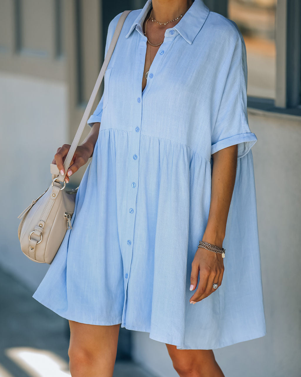 Linen Hails Blend Button Down Shirt Dress Baby Blue
