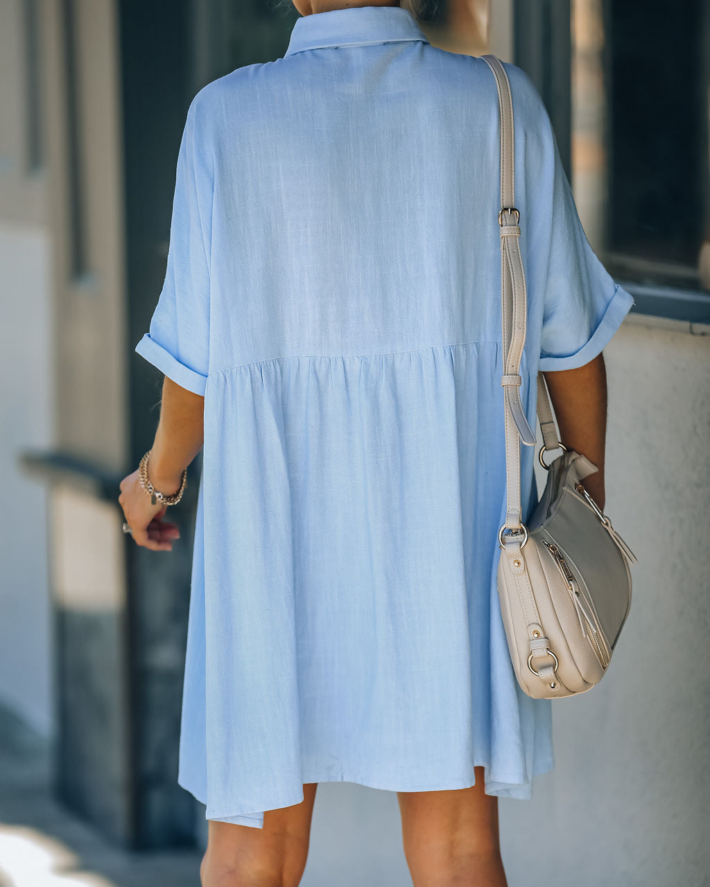 Linen Hails Blend Button Down Shirt Dress Baby Blue