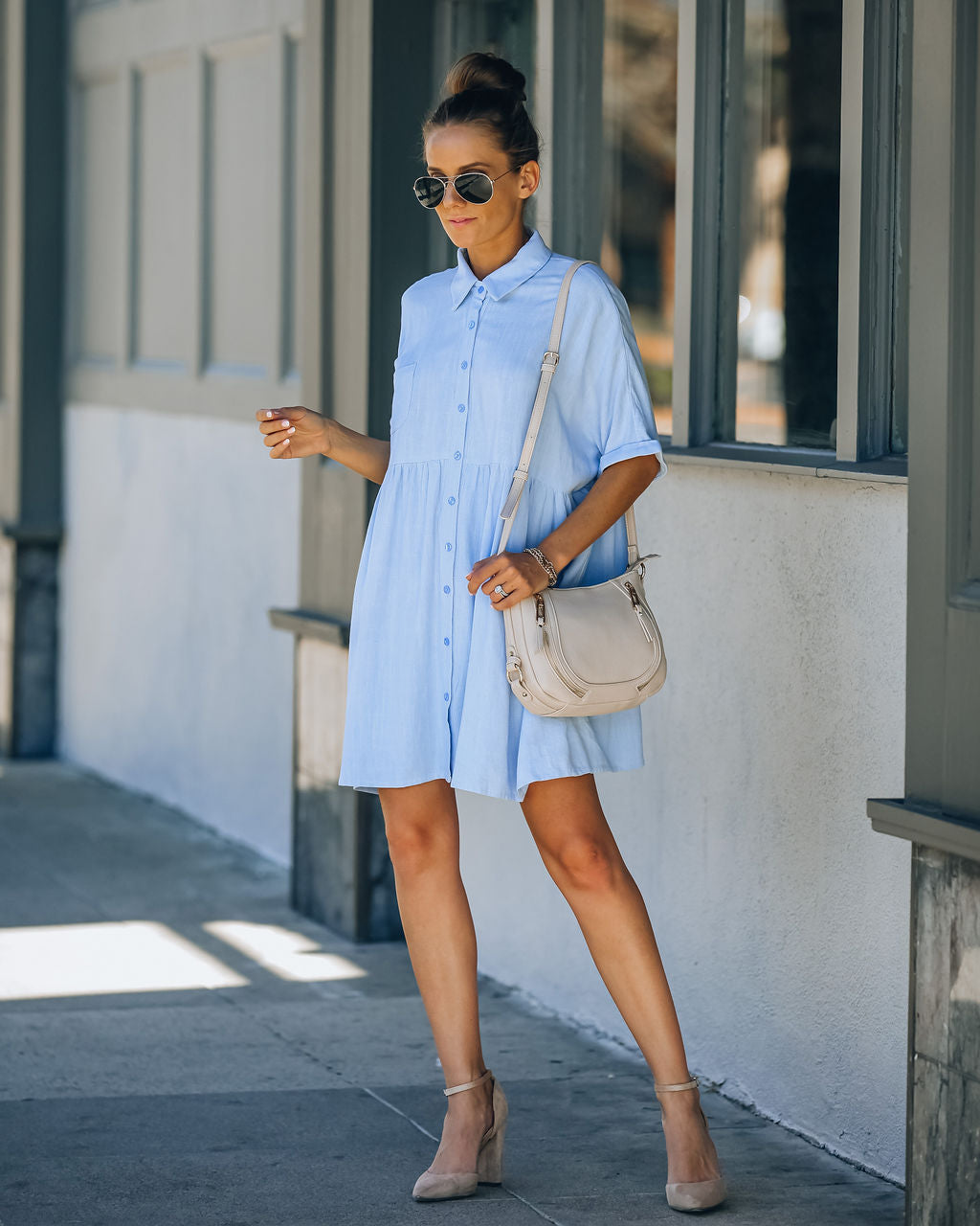 Linen Hails Blend Button Down Shirt Dress Baby Blue
