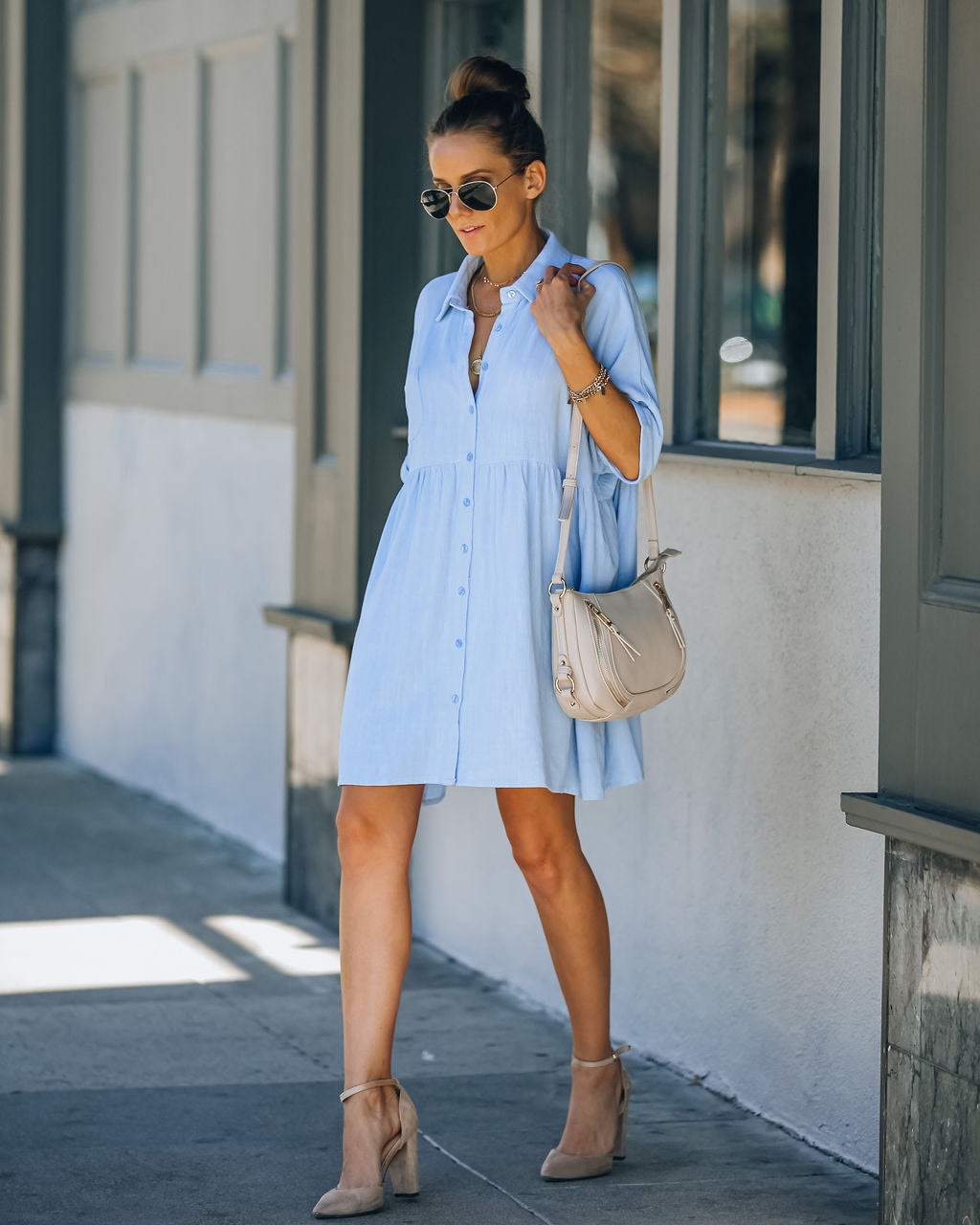 Linen Hails Blend Button Down Shirt Dress Baby Blue