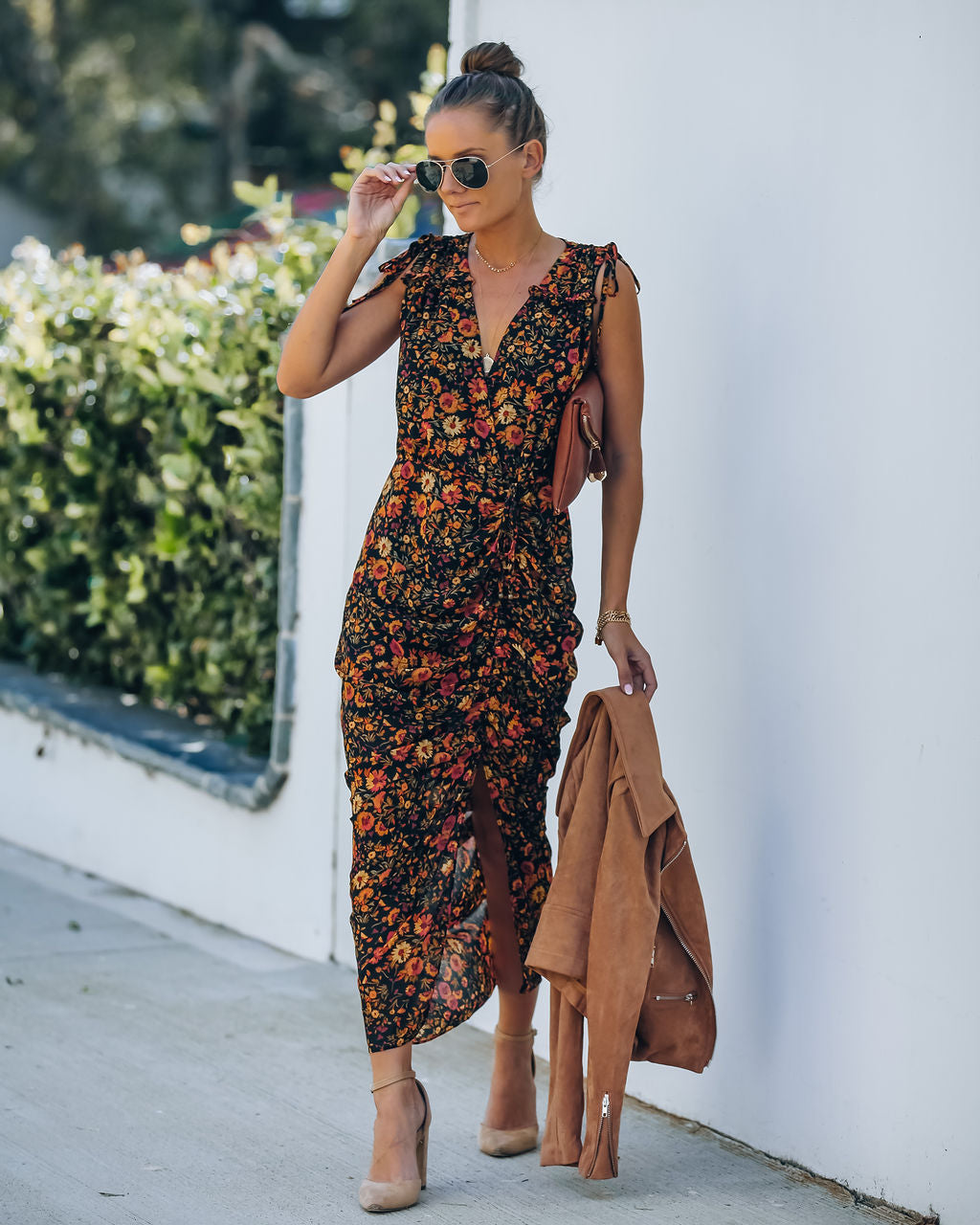 Born To Run Flower Ruched Midi Dress