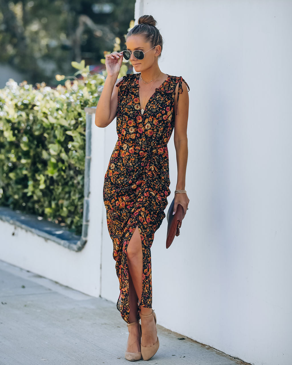 Born To Run Flower Ruched Midi Dress