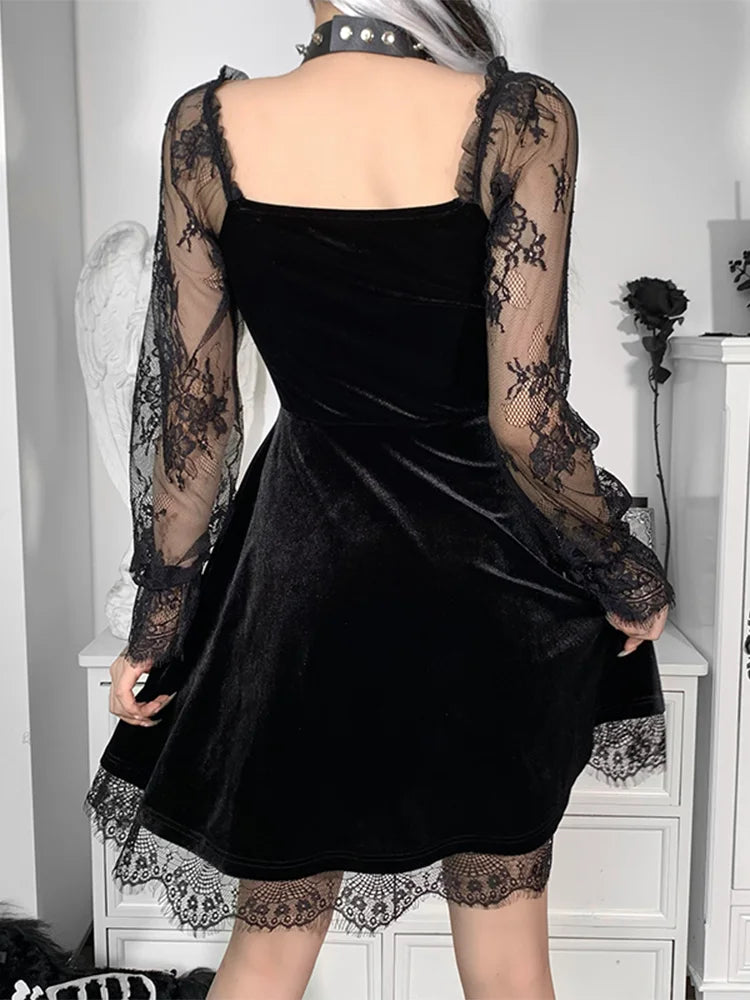 Goth Moon Sexy Black Dark Grunge Aesthetic V Neck Retro Mini Dress
