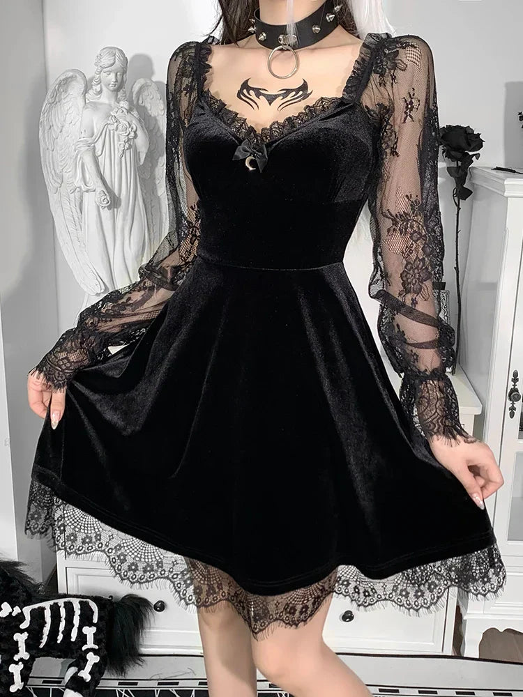 Goth Moon Sexy Black Dark Grunge Aesthetic V Neck Retro Mini Dress