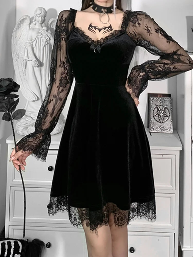 Goth Moon Sexy Black Dark Grunge Aesthetic V Neck Retro Mini Dress