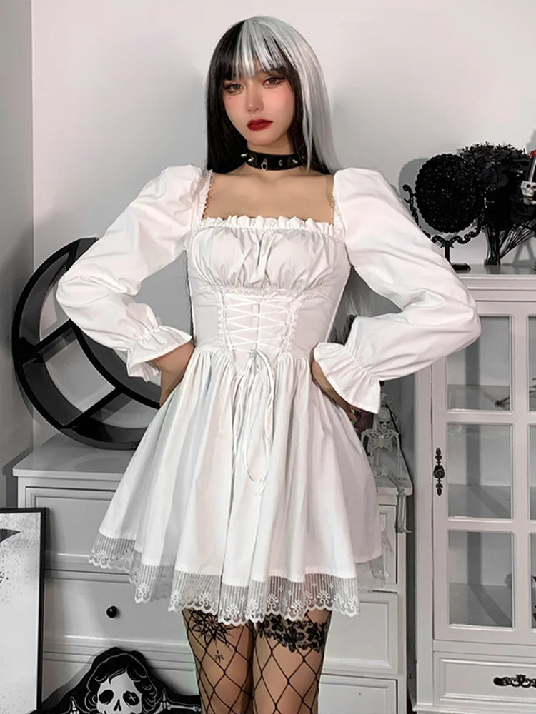 Gothic Spaghetti Strap Lace Satin Slip Classic Square Collar Mini Dress