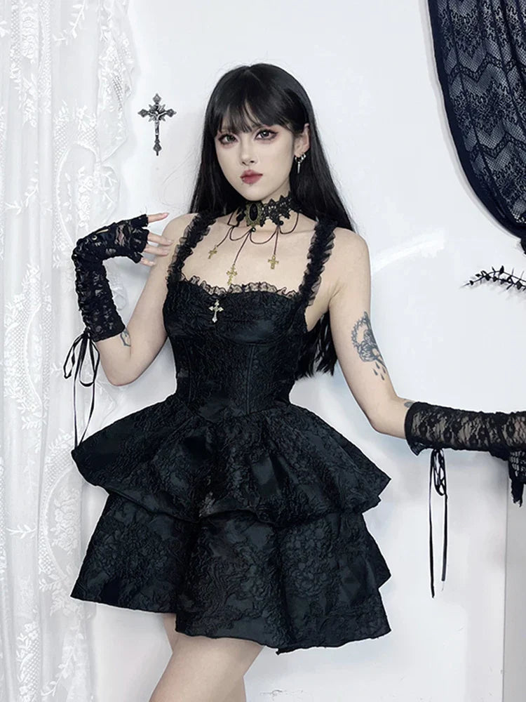 Timeless Gothic Jacquard Double Cake Lace Backless Suspender A Line Mini Dress