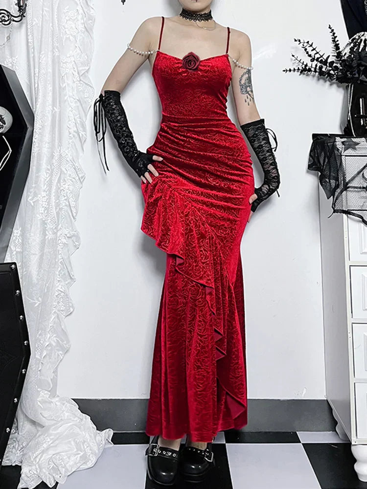 Ruched Cold Shoulder Spaghetti Strap Fishtail Long Retro 3D Rose Bloom Red Wedding Party Dress