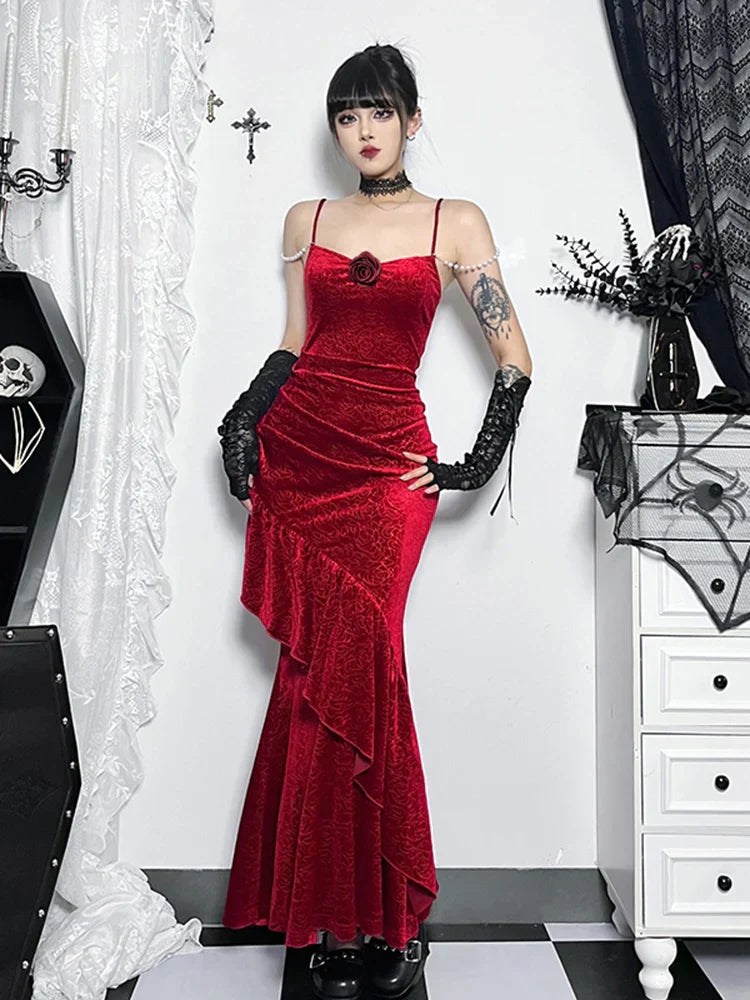 Ruched Cold Shoulder Spaghetti Strap Fishtail Long Retro 3D Rose Bloom Red Wedding Party Dress